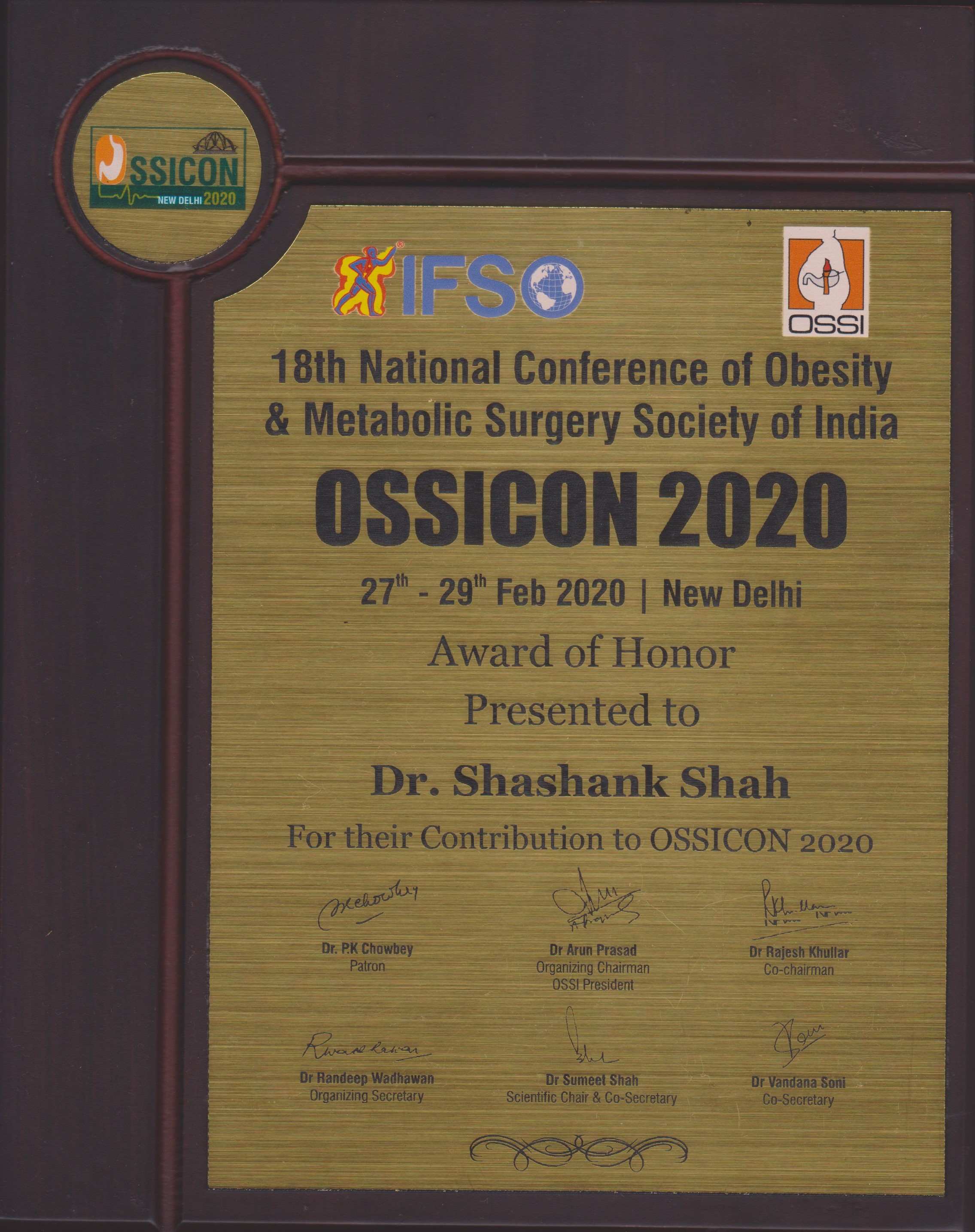 DR Shashank Shah was given the Award of Honour at the 18th National Conference Obesity and Metabolic Surgery Society of India OSSICON 2020 for his contribution. 